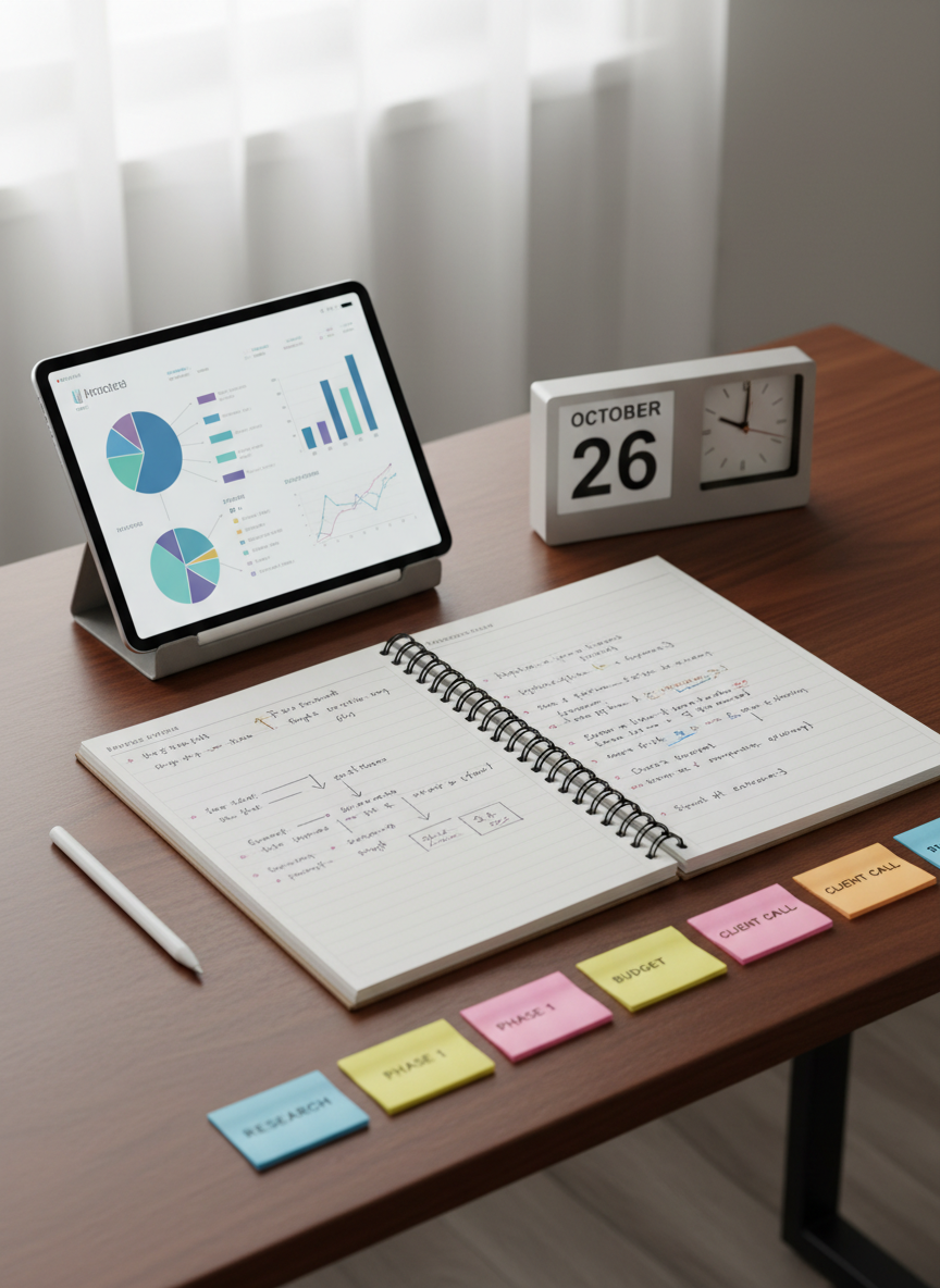 A meticulously organized workstation features an open notebook with neat, handwritten project plans, a sleek tablet displaying an abstract dashboard of charts and timelines, and a set of color-coded sticky notes arranged along the edge of a smooth, dark-wood desk. A small desktop calendar and a simple, modern desk clock suggest careful time management and planning. Soft, diffused daylight from an unseen window bathes the scene, creating even illumination and minimal shadows. Captured from a slightly elevated angle in photographic realism, the composition follows the rule of thirds, evoking professionalism, strategic thinking, and readiness for complex senior-level projects without showing any people.